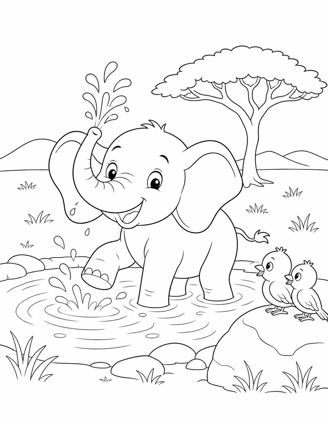Coloring page of a baby elephant splashing at a watering hole, from the Eden Series
