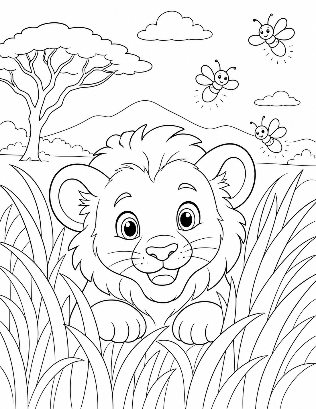 Coloring page: Lion Cub and Fireflies