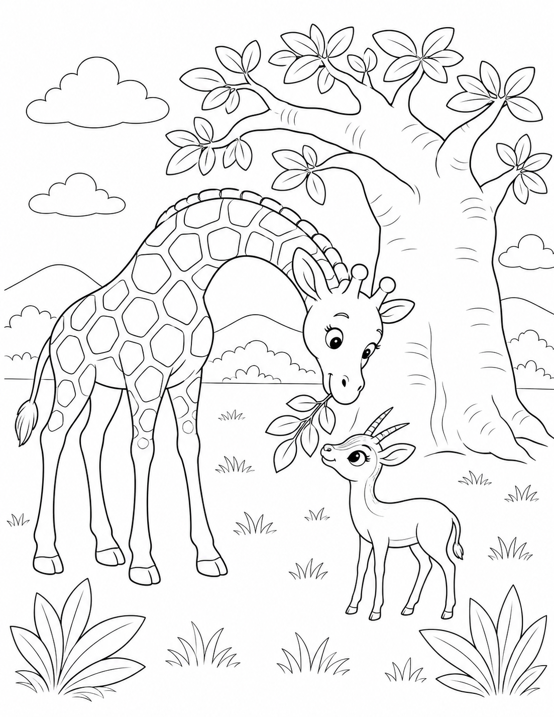 Coloring page: Giraffe Shares the Leaves