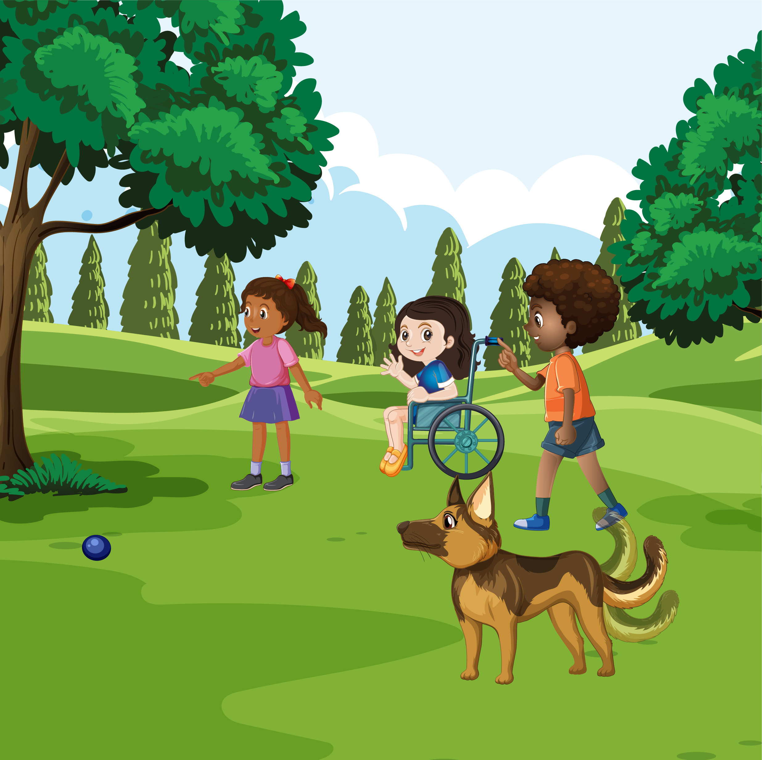 Illustration from Fetch showing three children and a playful dog with a ball in a park