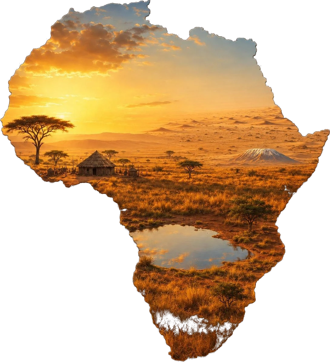 An illustrated map of Africa at golden sunset, with a village, a lone acacia tree, open savanna plains, and a watering hole